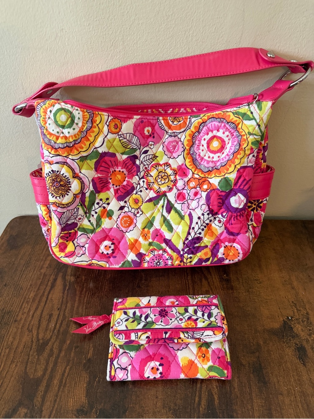 Vibrant Pink Floral Quilted Shoulder Bag Purse with Wallet